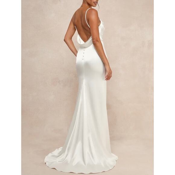 NWT Lulus Lovely Endearment White Satin Sleeveless Backless Maxi Dress L Wedding - Picture 1 of 11